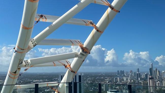 Ratchet straps covering a structure on top of The Oracle  Hinterland Tower at Broadbeach.  Picture: Supplied