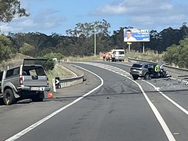 The scene of the fatal crash on the Bruce Highway north of Apple Tree Creek near Maryborough where a 70-year-old man died after a head on collision. Photo: Carlie Walker / Fraser Coast Chronicle