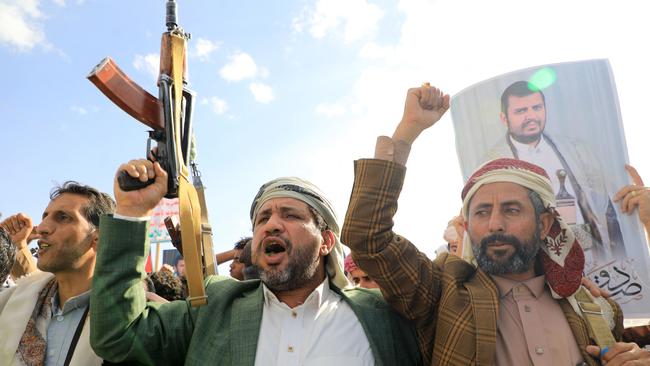 Yemeni men protest in solidarity with the Palestinian people in the Houthi-controlled Yemeni capital Sanaa in January. Picture: AFP