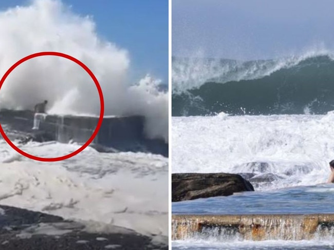 An Aussie man has been left injured after being slammed against rocks by monster surf.
