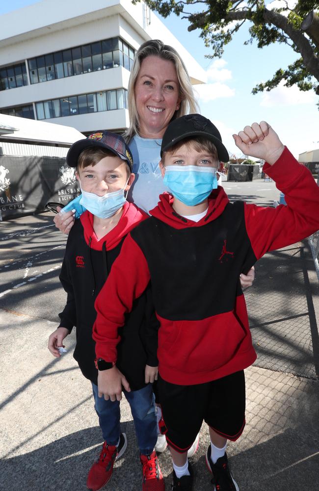 Twins Lachlan and Hamish, 12, Campbell Case from New Farm got a vaccine for their birthday. Photo: Annette Dew