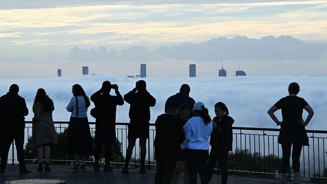 Crowds at Mt Coot-Tha this morning. Picture: Lyndon Mechielsen