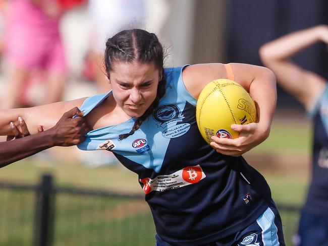 Tahs  Sherayn Puruntatameri and Buffs Dominique Carbone as Buffettes v Waratahs Womens League Picture GLENN CAMPBELL