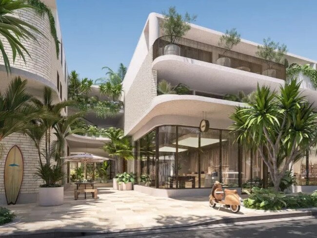 Artist's renderings of JD Property's newest Byron Bay project, the Secret Garden, a three storey multi-use project on the corner of Jonson St and Kingsley St, Byron Bay.