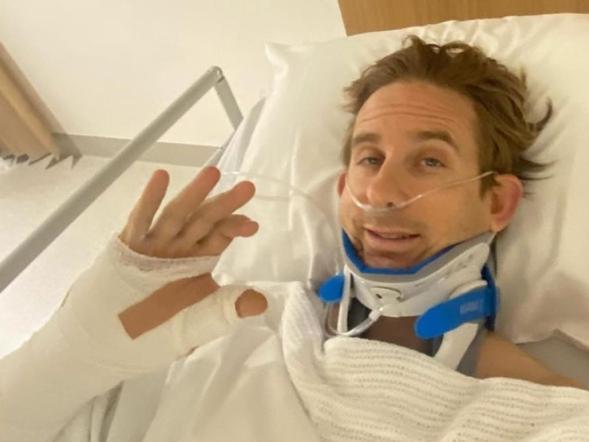 WEEKEND TELEGRAPHS SPECIAL. MUST TALK WITH PIC ED JEFF DARMANIN BEFORE PUBLISHING. Sydney bike rider Peter Frac lays in his hospital bed after being strusck by a car.Peter was treated on the roof of a vehicle after being struck at Stanwell tops. Emergency services treated Peter as he lay on the roof of the car due to suspected spinal injuries. Peter is in a Sydney hospital and expected to make a full recovery despite his very serious injuries.