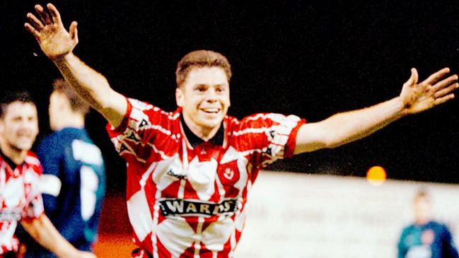 Carl Veart celebrates scoring an FA Cup goal for Sheffield United against Arsenal in 1996. Picture: AP Photo / Brian Williamson PA