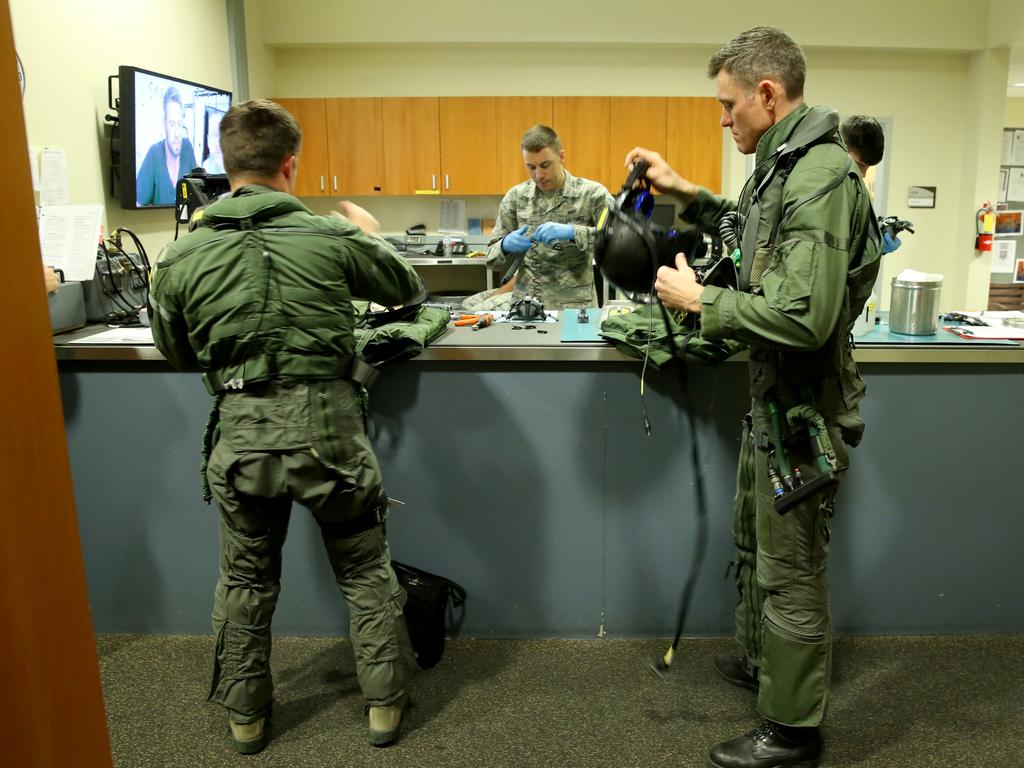 Australian Pilots training in the F35 fighter Jets Luke Airforce Base in Phoenix Arizona. Squadron Leader call sign “Jacko” prepares for a flight. Picture: Nathan Edwards