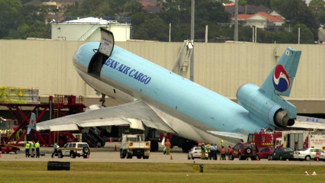 A Korean Air Cargo plane had a mishap at Sydney Airport in 2002 when it tipped back on its tail while being unloaded — highlighting the importance of tail stands. Picture: File 