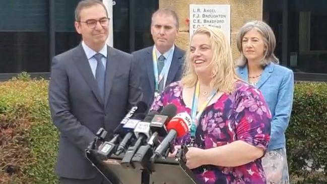 Dr Caroline Phegan speaks at a press conference at the Murray Bridge Soldiers Memorial Hospital for the roll out of the AstraZeneca vaccine. Picture: Premier Steven Marshall's Facebook page