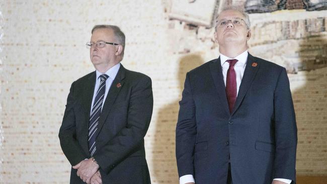 Prime Minister Scott Morrison with Anthony Albanese during a service at the Australian War Memorial. Picture: NCA NewsWire / Gary Ramage