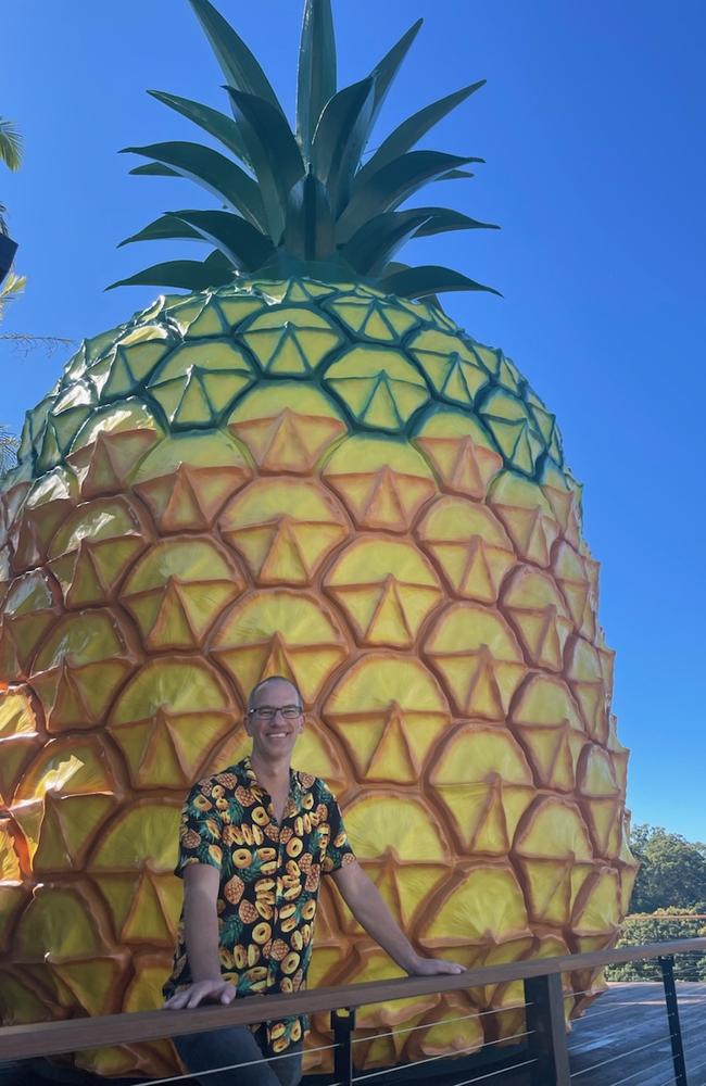 Visit Sunshine Coast CEO Matt Stoeckel welcomed the opening of the Big Pineapple by wearing a tribute shirt. Photo: Michele Sternberg/Visit Sunshine Coast