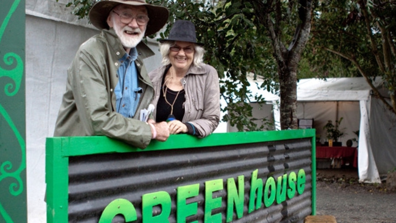 Des Ritchie with his partner Jillian Rossiter at the GREENhouse, Woodford Folk Festival, an environmental education stage founded by Mr Ritchie more than 20 years ago.