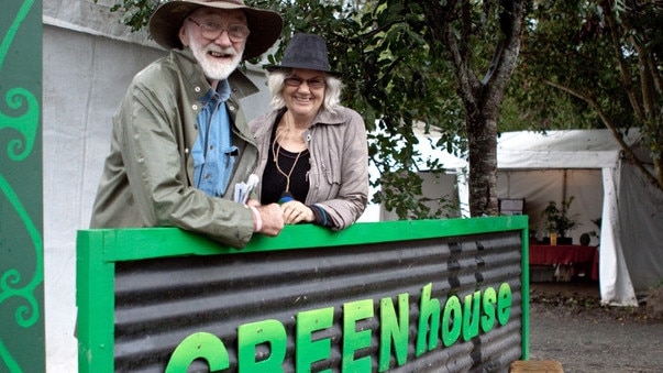 Des Ritchie with his partner Jillian Rossiter at the GREENhouse, Woodford Folk Festival, an environmental education stage founded by Mr Ritchie more than 20 years ago.