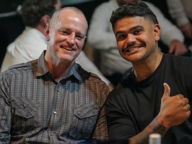 Michael Maguire and Latrell Mitchell in discussion at the 10-year reunion of the Rabbitohs' 2014 premiership win at Souths Juniors. Picture: Rabbitohs