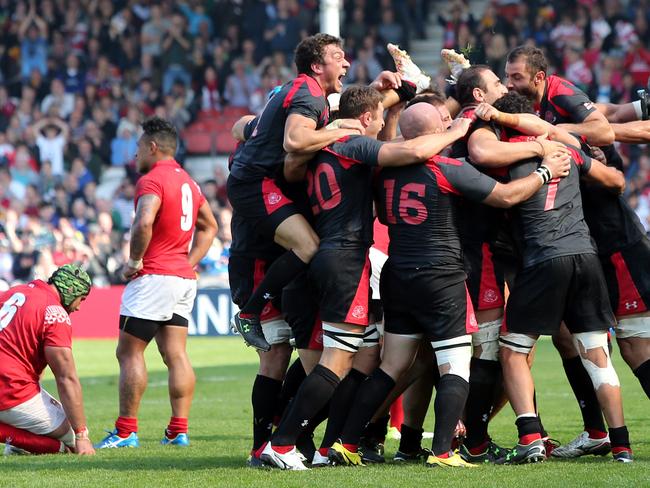 Georgia celebrates their win over Tonga at the 2015 World Cup.