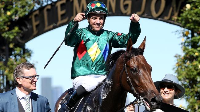 Ryan Maloney celebrates Alligator Blood’s win in the Australian Guineas. Picture: Getty Images