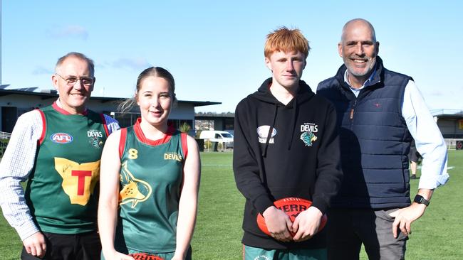 Minister Nick Duigan with Marcus Vermey Candidate for Nelson and Oscar Dykes (Lauderdale U14 and Devils Academy), Maggie Wallace (Kingborough U15 and Devils Academy). Picture: supplied