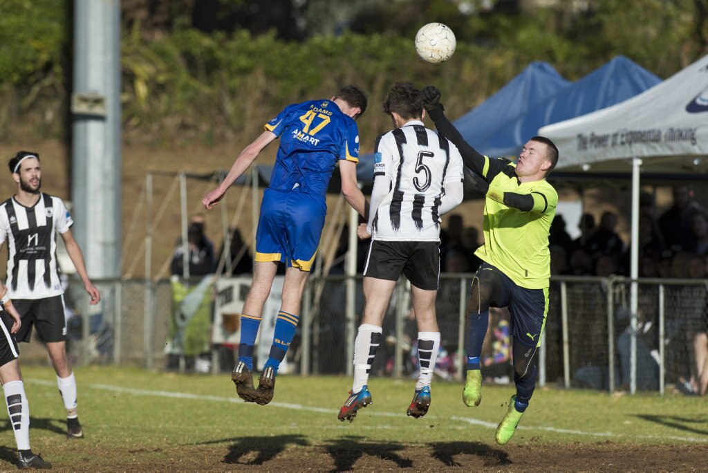 Willowburn keeper Michael Nees defends against USQ FC in Toowoomba Football League Premier Men semi-final at Commonwealth Oval, Sunday, August 26, 2018. Picture: Kevin Farmer