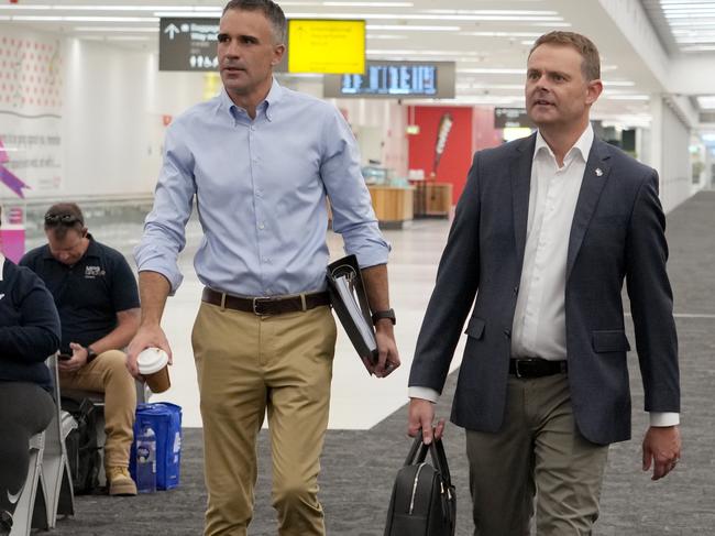 ADELAIDE, AUSTRALIA - NewsWire Photos FEBRUARY 11, 2025: SA Premier Peter Malinauskas (L),and Treasurer Stephen Mullighan on early morning flight to Whyalla, dealing with fallout from Whyalla Steelworks problems, and failure of Sanjeev GuptaÃs GFG to pay creditors. Picture: NewsWire / Dean Martin