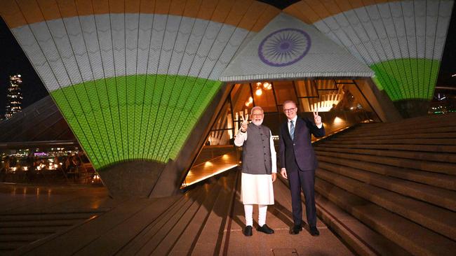 India’s Prime Minister Narendra Modi with Anthony Albanese in front of the sails of the Sydney Opera House on Wednesday. Picture: AFP