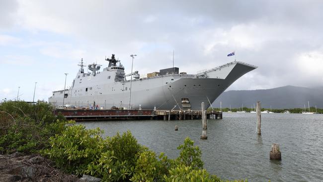 The HMAS Adelaide, a Royal Australian Navy Canberra-class landing helicopter dock ship, has moored at the Cairns Wharf. Picture: Brendan Radke