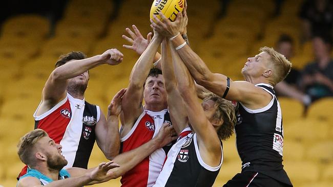 Nick Riewoldt soars above the pack to mark. Picture: Wayne Ludbey