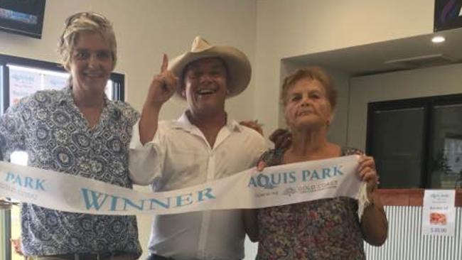 Matt Robinson celebrates a win with his horse Who’s Your Daddy at the Gold Coast Turf Club. Photo: Supplied