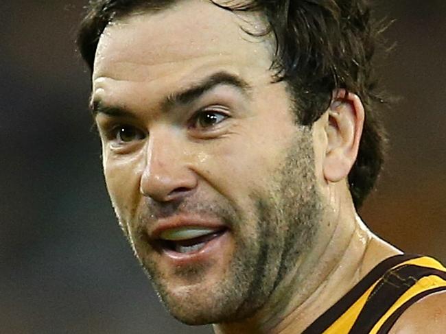 AFL 2nd Qualifying Final. Hawthorn v Geelong at the MCG. Jordan Lewis lets Corey Enright know all about his 1st qtr goal . Pic: Michael Klein. Friday September 5, 2014.