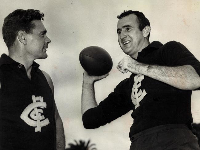 He started his sporting career in AFL with the Carlton Football Club, seen here with captain-coach Ron Barassi.