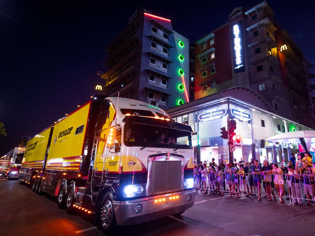 A convoy of trucks arrives in Darwin's CBD to announce the arrival of the Supercars for the round at Hidden Valley Raceway. Picture: Che Chorley