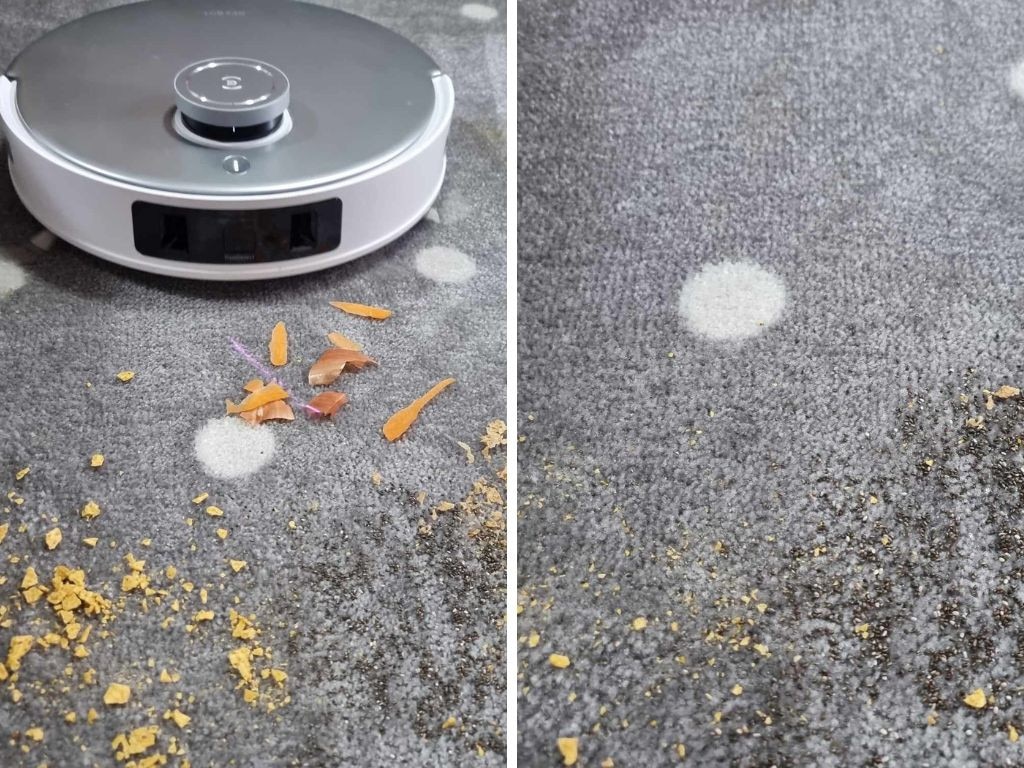 Before (left) and after (right) cleaning dirt on a low-pile rug with the Ecovacs robot cleaner. Picture: news.com.au/Tahnee-Jae Lopez-Vito.