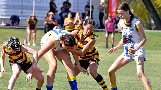 Aspley vs Everton in the girls 13 AFLQ Youth Grand Finals. Saturday September 4, 2021. Picture, John Gass