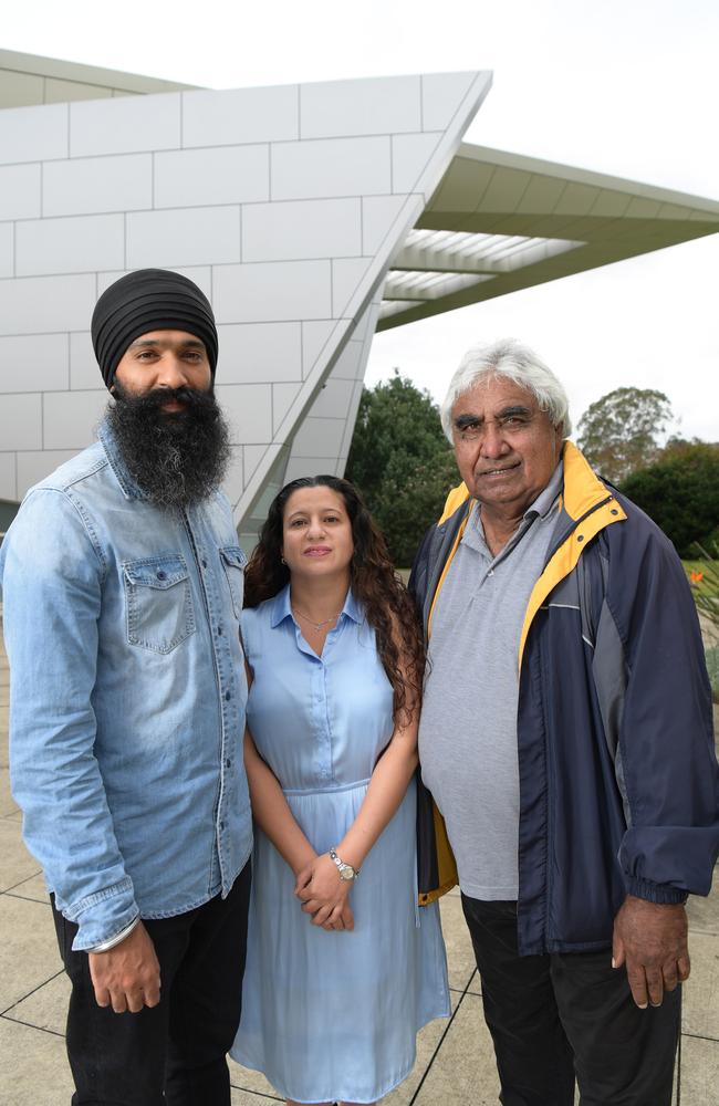 Hip hop artist L-FRESH THE LION, Mona Ibrahim and Aboriginal elder Uncle Ivan Wellington at the Campbelltown Arts Centre. Picture: AAP