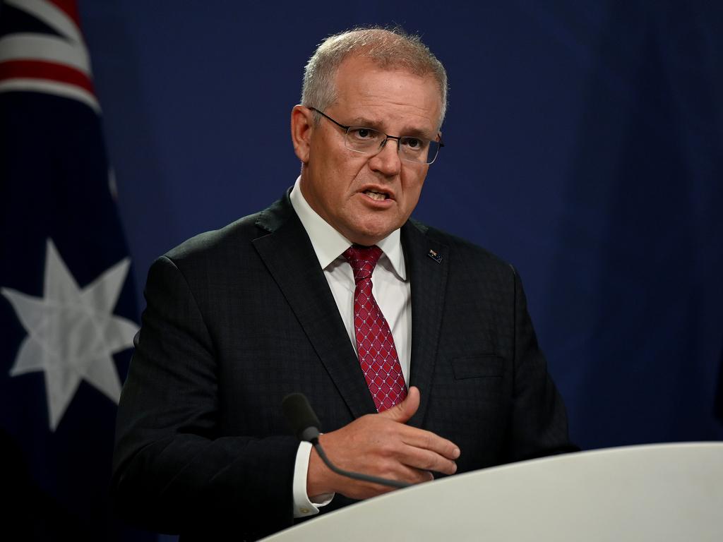 Prime Minister Scott Morrison speaks to the media during a press conference in Sydney.