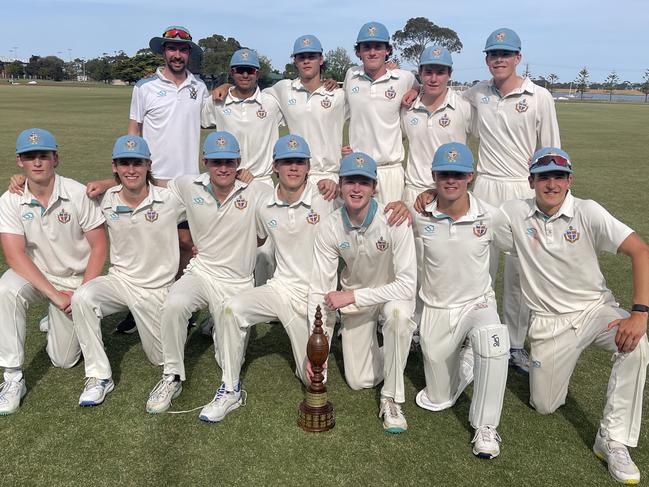 Geelong Grammar (bottom right) with his side after winning the school derby. Picture: Geelong Grammar