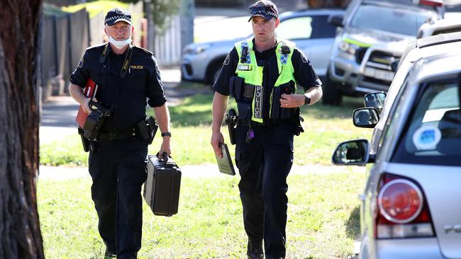 Tasmanian Police investigate numerous cars that had their tyres slashed on Pine Street, West Hobart overnight. Pine Street. Picture: Zak Simmonds