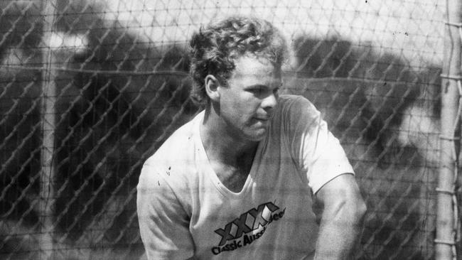 Queensland cricketer Trevor Barsby was in a typically aggressive mood at net practice at Adelaide Oval, while preparing for the shield match against SA, 28 Feb 1985.