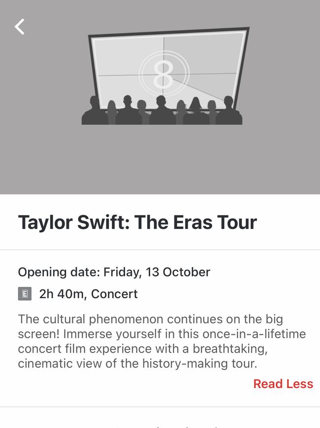 The Hoyts app has the concert film listed as ‘Coming Soon’, however there aren’t any dates listed. Picture: screenshot from the Hoyts app.