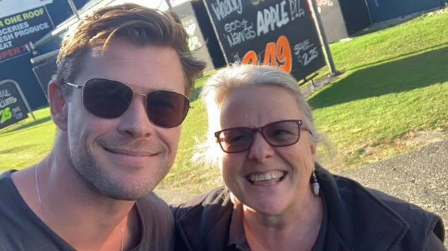 Tugun Super Market owner Marion Hill with Chris Hemsworth yesterday. Photo: Facebook - Tugun Super Market