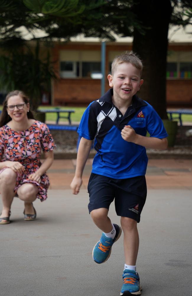 The first day of school for Concordia Lutheran College's 2023 prep students. Luca Barbagallo with mum Emma.
