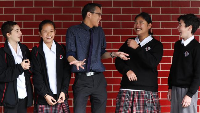 Cherrybrook Technology High School students Kattrina Panajic, Nellie Chan Mow, Kiara Williams and James Doak with Eddie Woo.