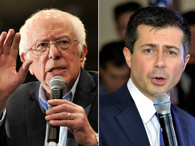 (COMBO) This combination of file pictures created on February 11, 2020 shows Democratic presidential hopeful Vermont Senator Bernie Sanders (L) speaking during a rally in Durham, New Hampshire on February 10, 2020, Democratic presidential hopeful and former South Bend, Indiana mayor Pete Buttigieg (C) speaking at a town hall event in Merrimack, New Hampshire on February 6, 2020 and Democratic presidential hopeful Minnesota Senator Amy Klobuchar addressing the Democratic Party's 61st Annual McIntyre-Shaheen 100 Club dinner in Manchester, New Hampshire, on February 8, 2020. - Bernie Sanders won New Hampshire's high-stakes Democratic primary on February 11, 2020, according to US network projections, leaving rivals including party stalwart Joe Biden in his wake as he staked his claim to challenge President Donald Trump in November. Indiana ex-mayor Pete Buttigieg finished in second place at 24 percent while Midwestern moderate Amy Klobuchar maintained a late surge to place third on about 20 percent. (Photos by Joseph Prezioso / AFP)