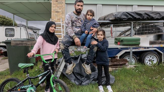 Broadmeadows man Muhammad Dabdab, with his daughters, Mayam, 9, Hiba, 2, and Iman, 6, has concerns about the cost of living. Picture: David Geraghty