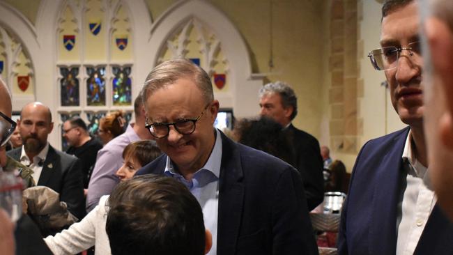 Anthony Albanese and Liberal MP Julian Leeser, right, attend a service at the Ashfield Uniting Church in Sydney as the organisation backs the voice to parliament. Picture: Noah Yim/The Australian