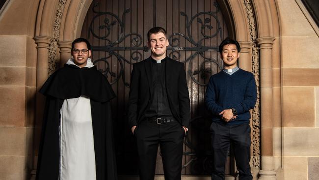 William Loh, Joe Murphy and John Jang will be ordained at St Mary’s Cathedral on Saturday. Picture: Monique Harmer