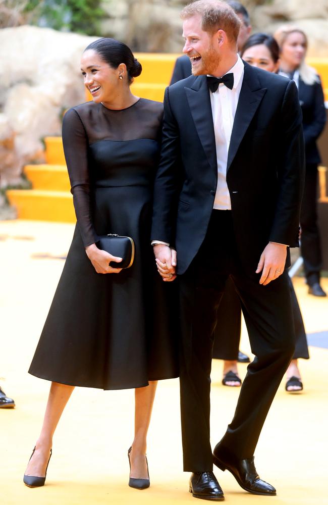 Meghan Markle and Prince Harry at the London premiere of The Lion King — featuring a soundtrack by their close friend, Sir Elton John. Picture: Getty Images