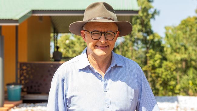 Australian Prime Minister Anthony Albanese poses for photos during the Garma Festival at Gulkula. Picture: Tamati Smith/ Getty Images