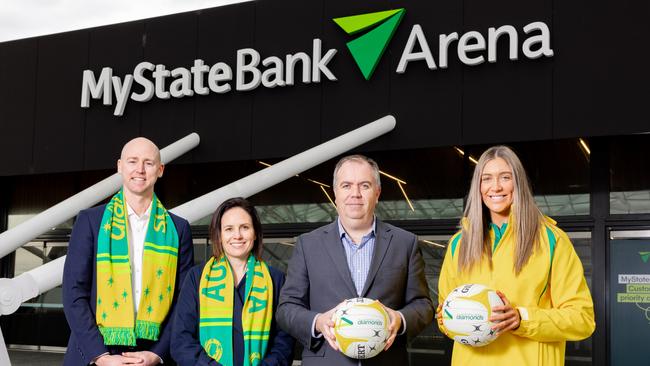 Netball Tasmania CEO Mitch Coulson, Netball Australia CEO Kelly Ryan, Minister for Stadia and Events Nic Street and Australian Diamonds player Tilly Garrett at MyState Bank Arena to announce the Diamonds games later this year. Picture: Richard J. Ho – Minch Media.