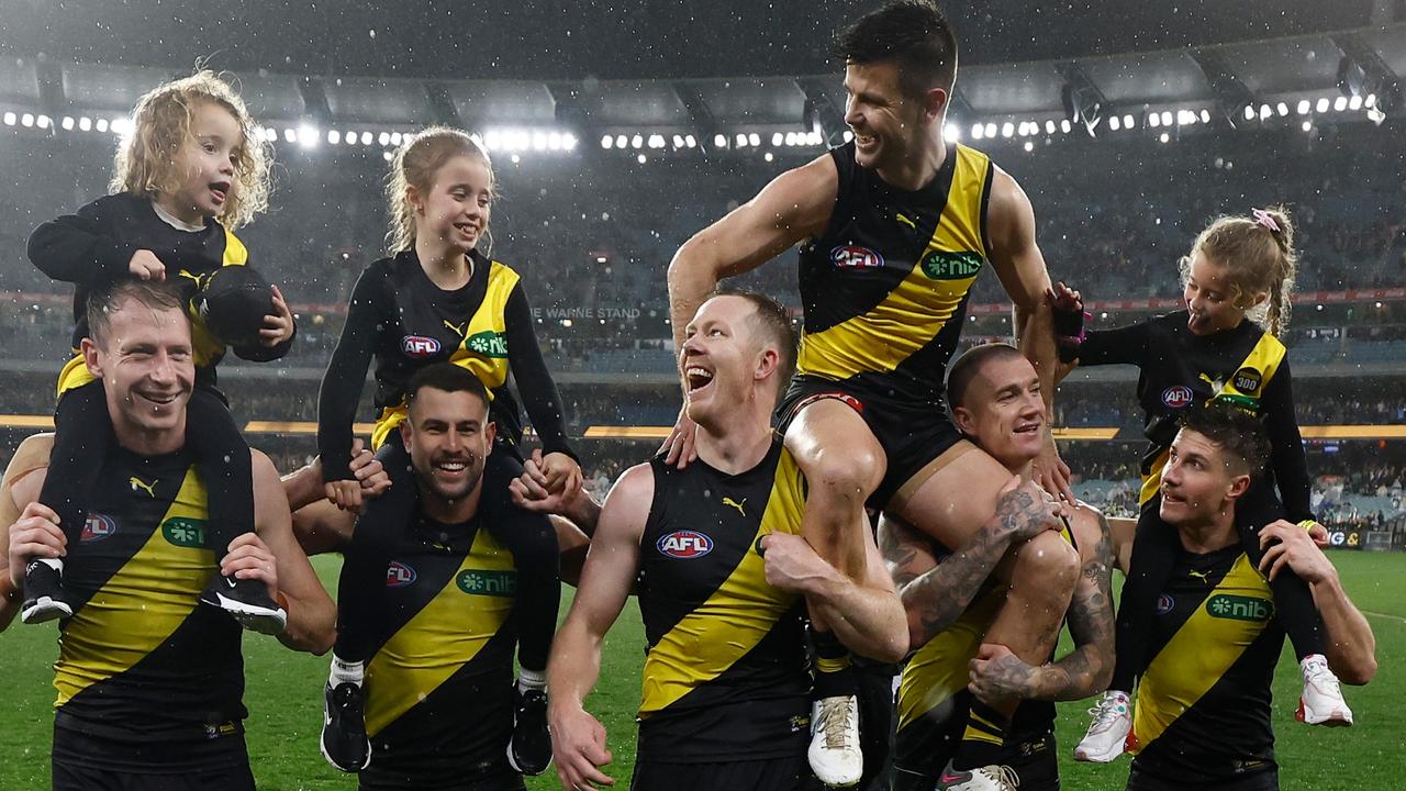 Cotchin was chaired off with his kids. Photo by Michael Willson/AFL Photos via Getty Images