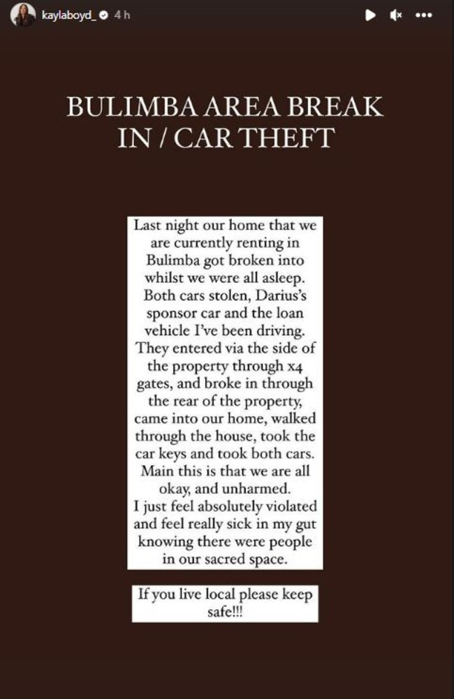 Kayla Boyd took to Instagram to share that her family home was broken into on Thursday night. Photo: Insatgram @kaylaboyd